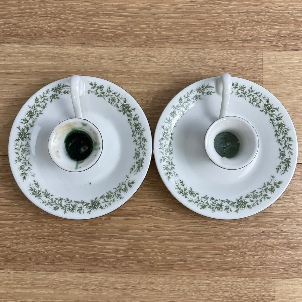 Mikasa G9059 Fine China Finger Loop Candle Holders Green Floral Japan Set of 2